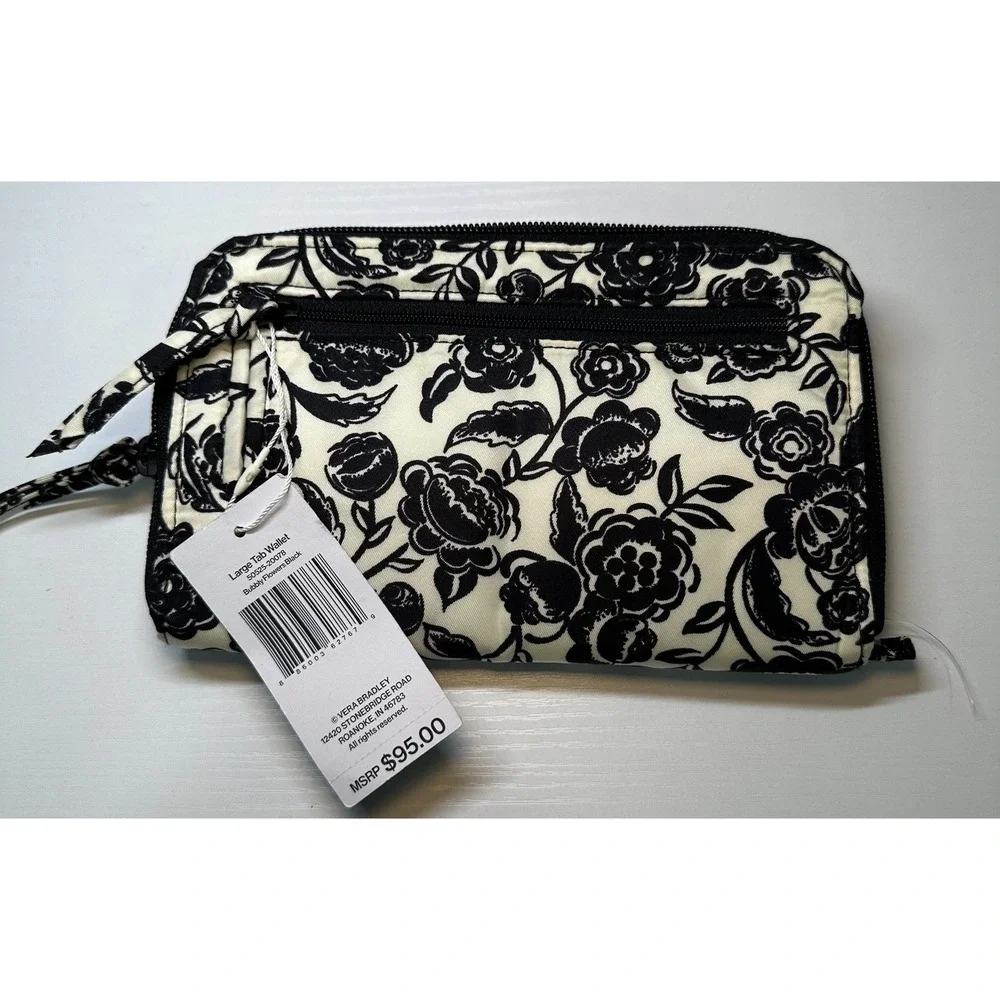 NWT Vera Bradley Large Tab Nylon Wallet Bubbly Flowers Black Pattern MSRP $95.00 - Picture 4 of 13